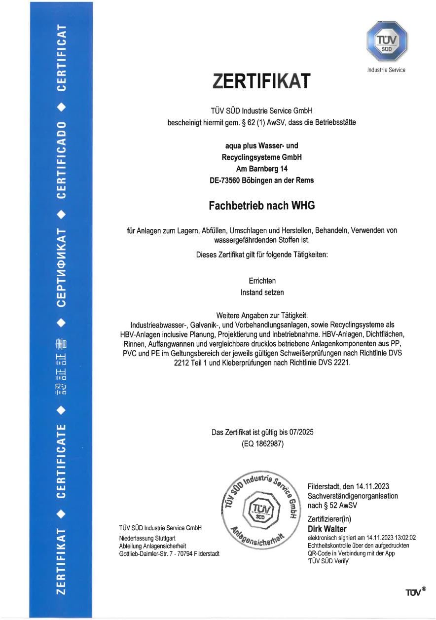 Zertifikat Fachbetrieb nach WHG (TÜV SÜD)